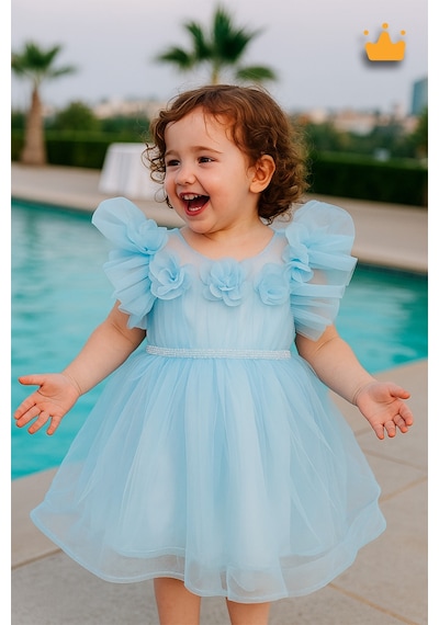 Babyhola 2-8 Yaş Gül Yakalı Grenli Kabarık Tül Kız Bebek Çocuk Abiye Elbise Bayramlık Gelinlik 3502 Mavi