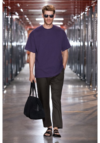 Grımelange Jett Erkek Oversize Fit %100 Organik Pamuk Kalın Dokulu Bisiklet Yakalı Koyu Mor T-shirt
