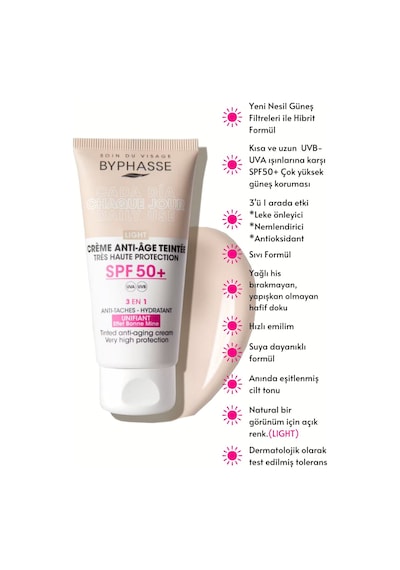 Byphasse  3'ü 1 Arada Renkli Güneş Kremi Light SPF50+ 50 ML