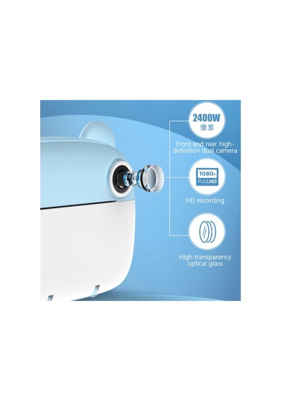 Anlık Termal Yazıcılı Dijital Çocuk Kamerası Kulaklı 2.4 İnç Hd Photo Printer Camera Mavi