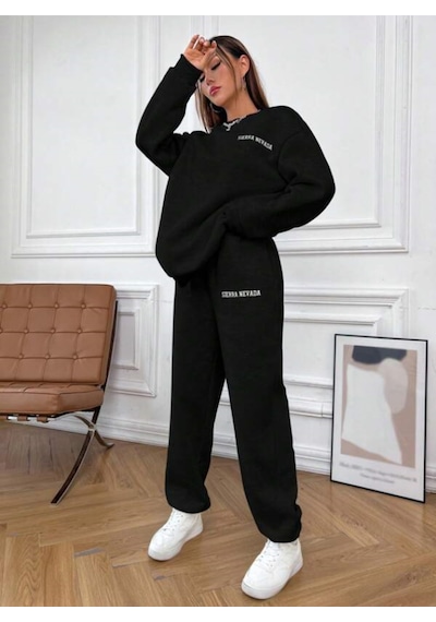 Siyah Sierra Baskılı Kapüşonlu Sweatshirt Ve Eşofman Altı Eşofman Takımı Siyah Siyah Sierra Baskılı Kapüşonlu Sweatshirt Ve Eşofman Altı Eşofman Takımı Siyah