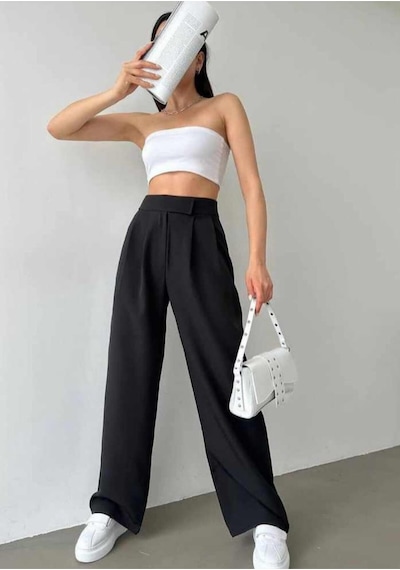 Thiff Gymwear Kadın Likralı Cırt Kapama Lacivert Geniş Paçalı Rahat Palazzo Pantolon Siyah