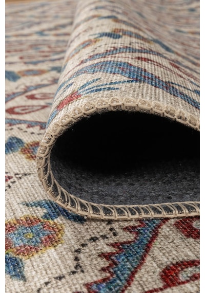 Nora Krem / Mavi Vintage Dokulu Geometrik Desenli Dokuma Tabanlı Şönil Halı Al 479 Bej