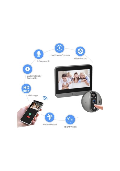 Akıllı Kapı Dürbünü Kamerası 4.3 Inç Ekranlı Gece Görüşlü Pir Sensörlü Tuya Smart Wifi 3 Mp İç Mekan