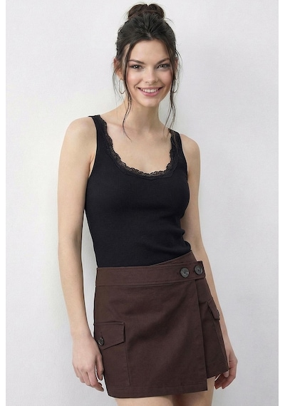 Shade Kadın Pamuklu Slim Fit U Yaka Dantelli Atlet 1053 60286022 - Siyah