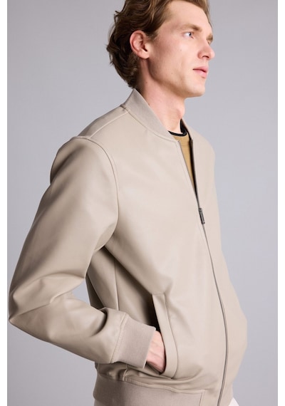 Defacto Su Geçirmez Slim Fit Kolej Yaka Ribanalı Fermuarlı Suni Deri Bomber Mont Y5367az26augr276 Gri-gr276