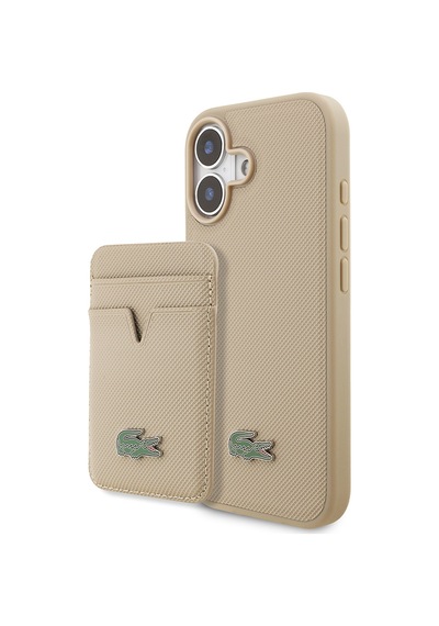 Apple Uyumlu iPhone 17 Kılıf Lacoste Lisanslı M-safe Özellikli Pu Pike Desenli Metal Logolu Kartlıklı Kapak Bej Bej