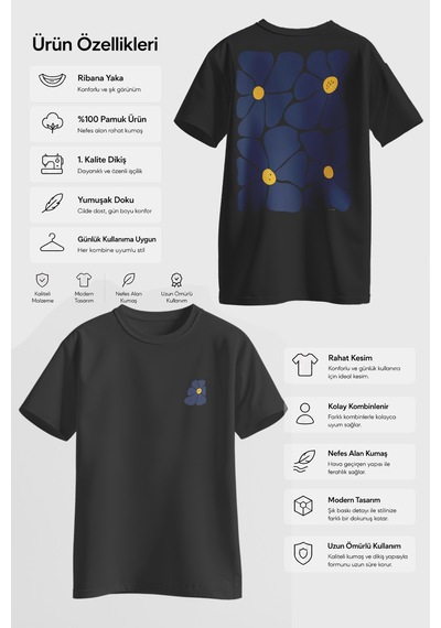 Spoyi Blue Daisy Tasarımlı %100 Pamuk Yarım Oversize Siyah T-shirt