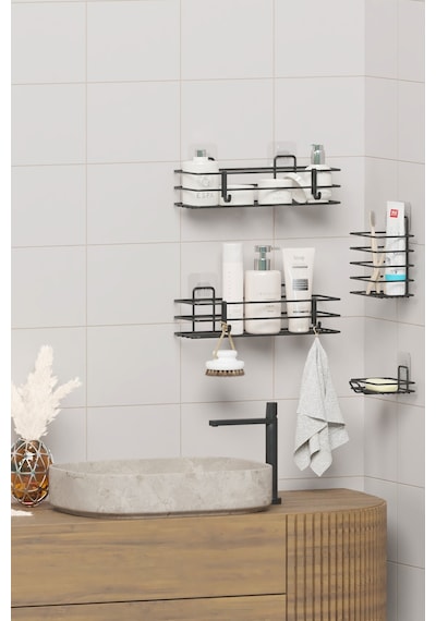 Zabata Yapışkanlı Banyo Seti Duş Rafı + Sabunluk + Diş Fırçalık Metal Set Siyah