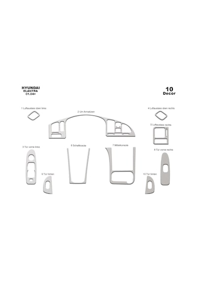Hyundai Elantra Torpido Kaplama 2004-2007 10 Parça Alüminyum