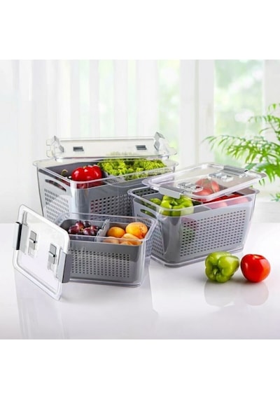 Vinoa 3'lü 2,5 Lt + 5 Lt + 9 Lt Süzgeçli Buzdolabı Düzenleyici Organizer + Saklama Kabı Gri