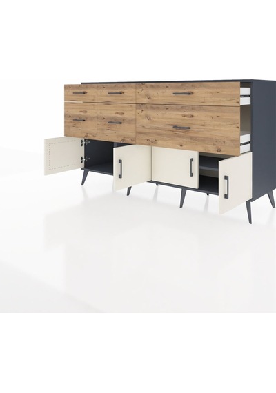 Kronos Konsol Tek Raflı 6 Çekmeceli 4 Kapaklı 176x59x99 Antrasit- Antrasit-aytaşı/çam