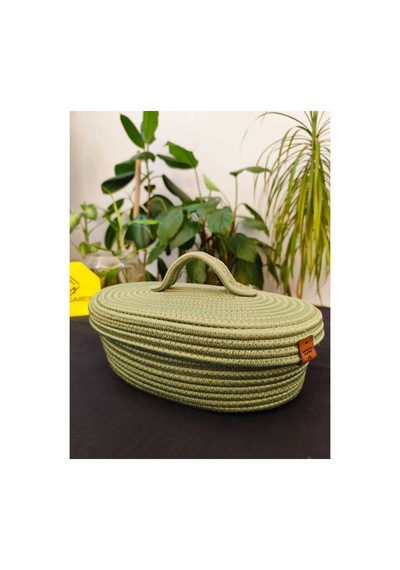 Hasır Jüt Sepet Oval Kapaklı Organizer Düzenleyici 30x20x10 Cm Yeşil Yeşil