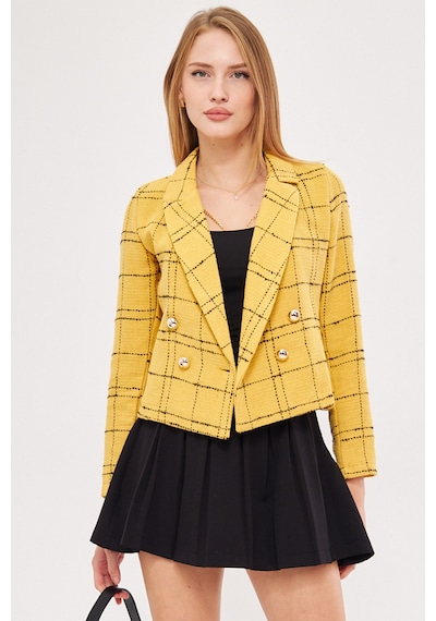 Armonika Kadın Hardal-siyah Kruvaze Yaka Tüvit Crop Ceket Arm-24k001014
