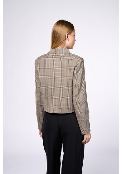 Thalure Kadın Kahverengi Ekoseli Crop Blazer Kahverengi