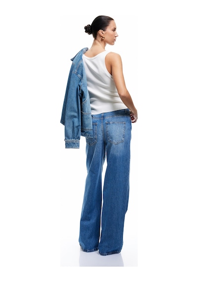 Koton Bol Paça Cepli Düğmeli Jean Pantolon - Loose Straight Fit Jean Orta İndigo 5sal40236md Indigo