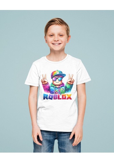 Sevbano Roblox 2 Baskılı Unisex Oyun Çocuk Tişört 1-12 Yaş Beyaz