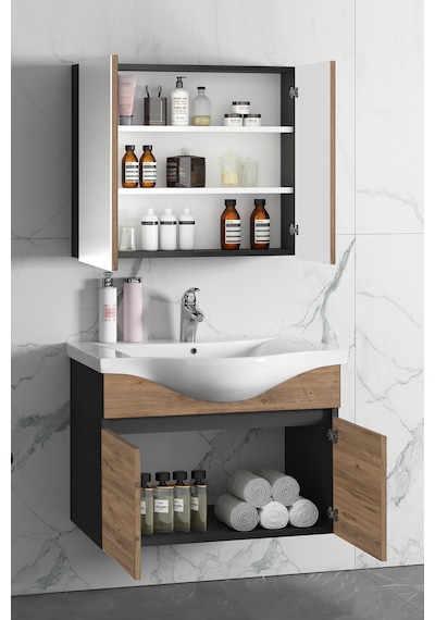 Yıldız 80 Cm Antrasit Gri Mat-Atlantik Çam Mdf Seramik Lavabolu A Antrasit - Atlantik Çam