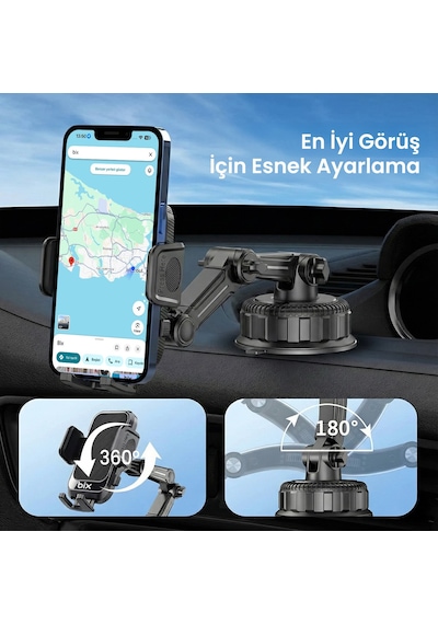 Bix Bxch15 Uzayabilen Ayarlanabilir Cam Torpido Ön Panel Uyumlu Çok Fonksiyonlu Vantuzlu Araç İçi Telefon Tutucu