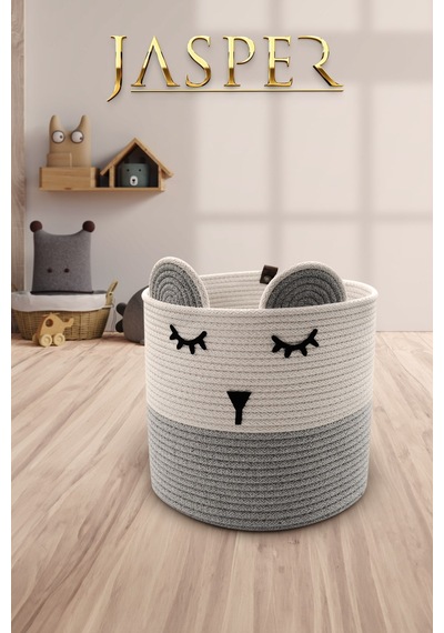 Jasper Gri Tekli Jüt İp Panda Tasarımlı Çok Amaçlı Çocuk Odası Oyuncak Kıyafet Kirli Sepeti Organizer 26x26cm Beyaz