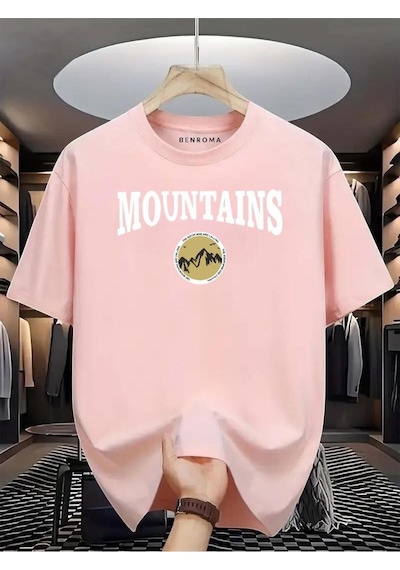 Mountaıns Baskılı Oversize Tişört Pembe