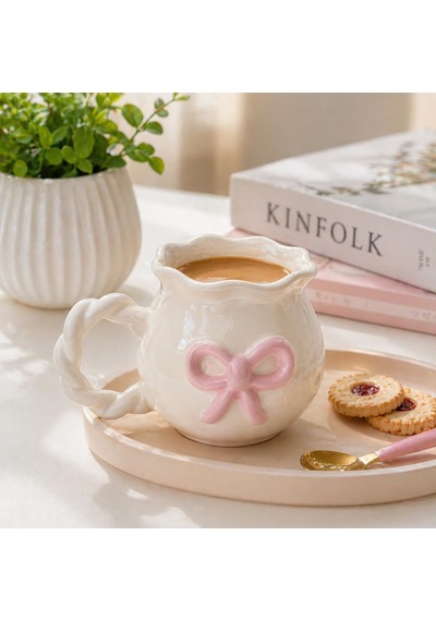 Donna Pembe Fiyonklu Seramik Kupa - 350 Ml Kahve Ve Çay Kupası Beyaz - Çok Renkli