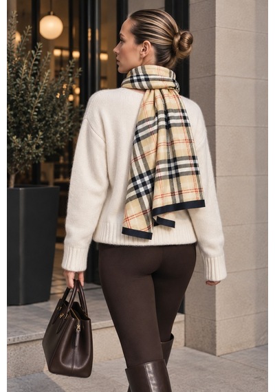 Tarzını Seç Bej Klasik Ekose Desenli Yumoş Polar Kışlık Şal Atkı 70 X 180 Cm