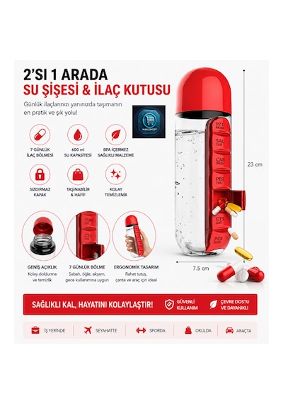 Su Şişesi & Ilaç Kutusu 2'si 1 Arada 600 Ml Matara Suluk Kırmızı