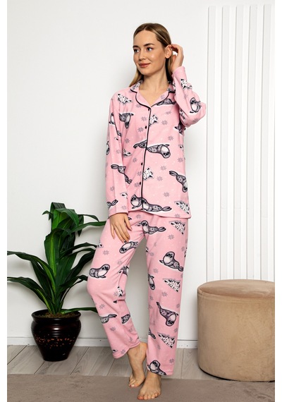 Nisanca Bayan Kışlık Welsoft Peluş İnci Polar Düğmeli Pijama Takımı 'ipeksi Doku' Pembe