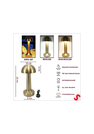 Şarjlı Dokunmatik Ayarlanabilir Renk Tonlu Led Masa Lambası - 22cm Renkli
