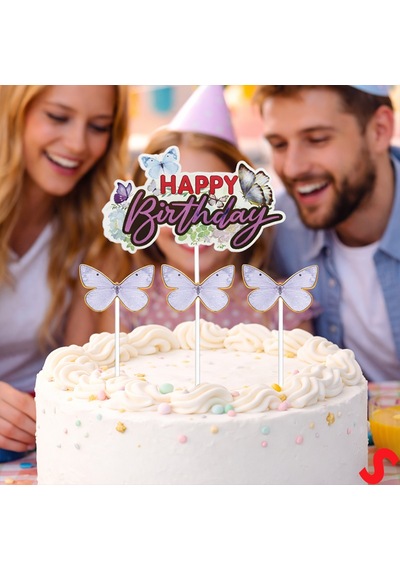 Kelebekli Happy Birthday Pasta Süsü 4 Lü Set - Mor