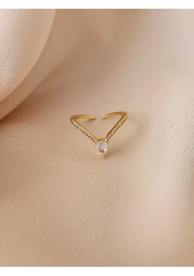 V Model Damla Zirkon Taşlı Ayarlanabilir Gold Altın Renkli Yüzük Gold