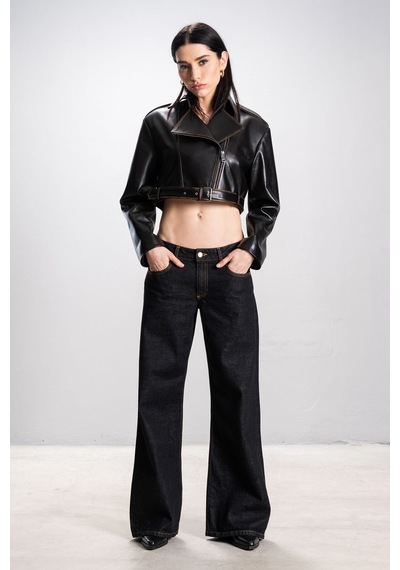 Dericlub Lenora Kadın Silme Cropcut Biker Hakiki Deri Mont Siyah/taba Siyah