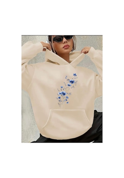 Herkesemoda Mavi Çiçekler Baskılı Kapüşonlu Sweatshirt Bej