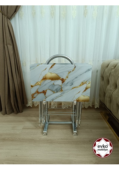 Evko Mobilya Çanta Zigon Sehpa, 4'lü Sehpa, Zigon Sehpa, Servis Sehpası, Camlı Sehpa, Katlanır Sehpa Sarı Mermer Beyaz - Sarı