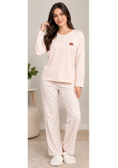 Kadın Pamuklu Çiçek Baskılı/desenli Uzun Kollu Pijama Takımı Çok Renkli - Pembe Kadın Pamuklu Çiçek Baskılı/desenli Uzun Kollu Pijama Takımı Çok Renkli - Pembe