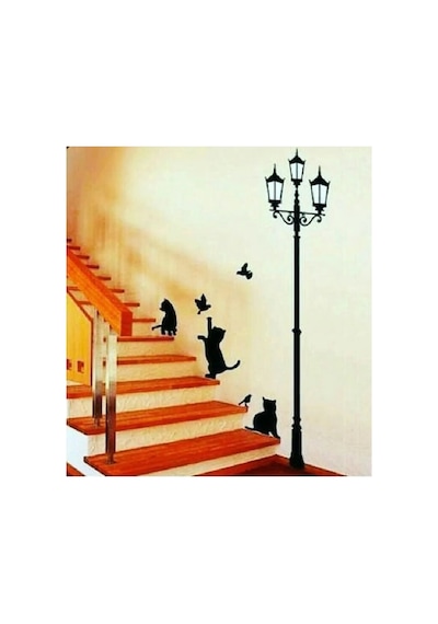 Kediler Ve Sokak Lambası Sticker 115x50 Siyah