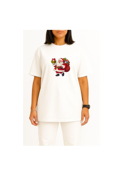 Bahriyeli Collection Oversize Noel Baba Yılbaşı Göğüs Baskılı Unisex T-shirt Beyaz