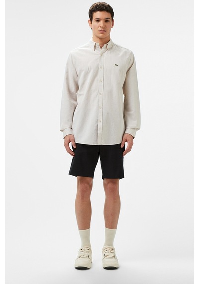 Lacoste Men's Regular Fit Button-down Collar Linen Shirt Beige Erkek Düğmeli Yaka Keten Gömlek Bej