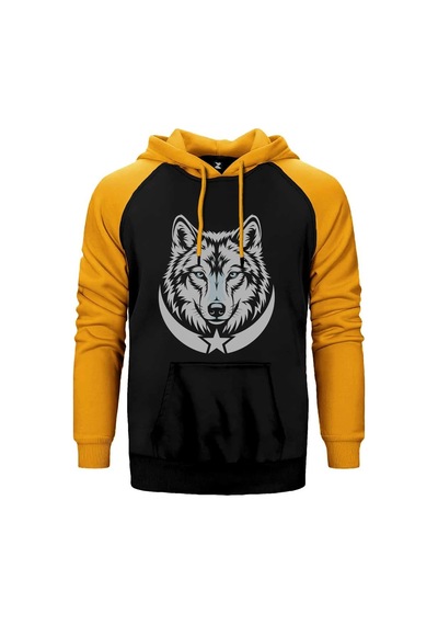 Gri Gerçekçi Kurt Başı Ve Hilal Baskılı Kırmızı Renk Reglan Kol Sweatshirt / Hoodie