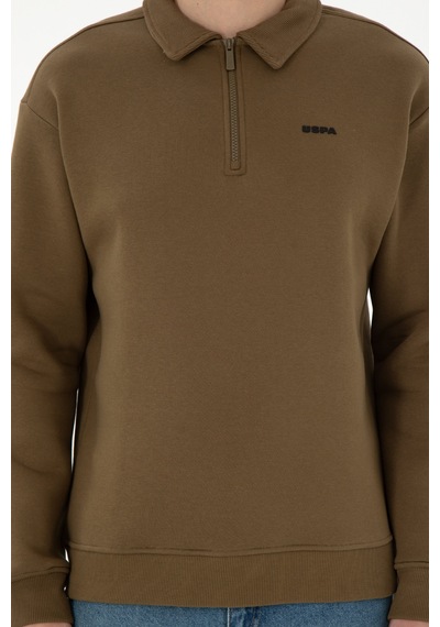 U.S. Polo Assn. Erkek Comfort Fit Yarım Fermuarlı Haki Basic Sweatshirt 50298265-VR027