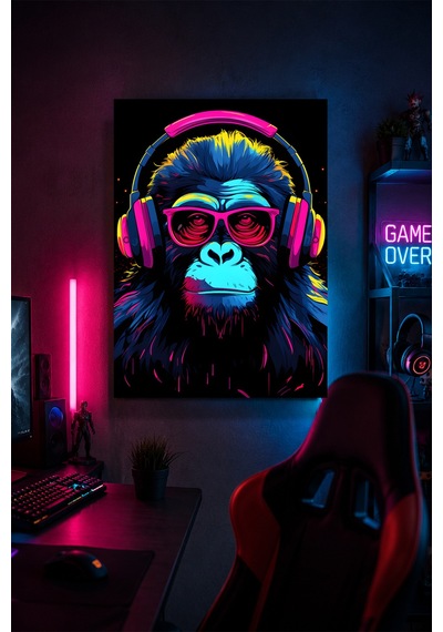 Kulaklıklı Goril Metal Duvar Tablosu Neon Gamer Oda Dekoru 20x30 Cm A4 Boyutunda
