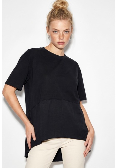 Shade Kadın Garnili Asimetrik Kesim Oversize Basic T-shirt 1069 60286252 - Siyah