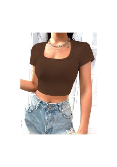 Rooted-kadın Kare & Havuz Yaka Crop T-shirt ,likralı Fitilli Kaşkorse Kumaş Kahverengi