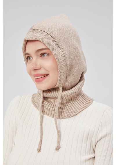 Derikem Lüks Kadın Kışlık Balaclava Triko Örme Başlık Bej