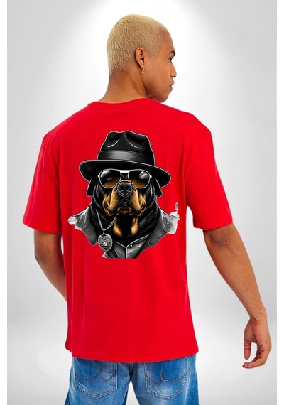 Mafya Rottweiler Kırmızı Oversize Unisex Ön Ve Sırt Baskılı Tişört Kırmızı