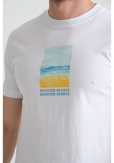 Shooter Sportwear Shooter Erkek T-shirt %100 Pamuk Minimalist Tasarım Regular Kalıp Baskılı Beyaz