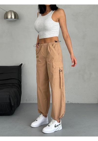 Paraşüt Kumaş Kargo Cepli Pantolon Kahverengi+camel