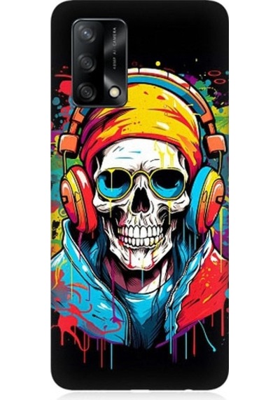 Oppo A74 Uyumlu Müzik Dinleyen Kurukafa Desenli Silikon Kılıf