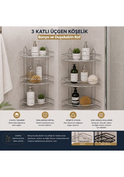 İbico K13-019 Banyo Köşelik Ve Duşakabin Rafı 3 Katlı Üçgen - Krom Metal- 12'li Paket Diğer